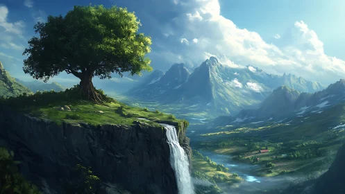 Solitary tree on cliff above waterfall and distant valley.