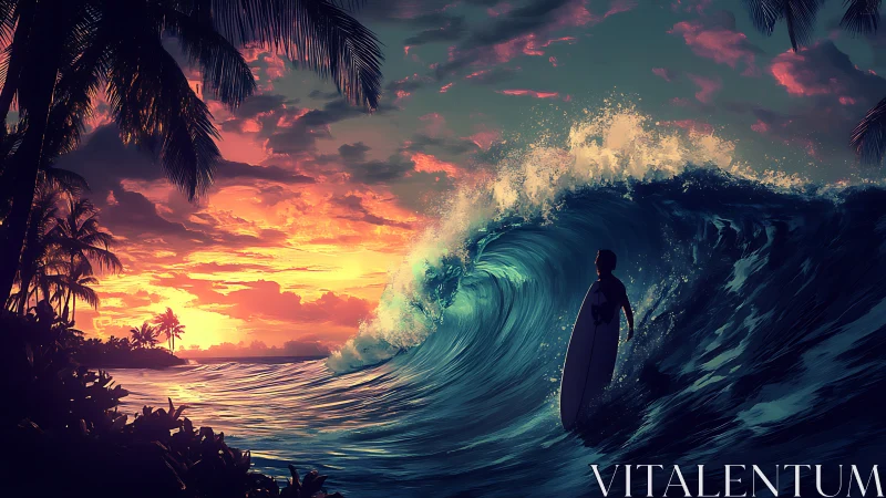 Sunset titan wave cradles lone surfer beneath flaming sky.