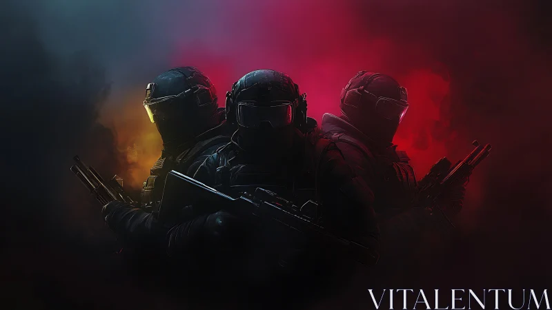 Three tactical soldiers stand armed in colored battlefield smoke