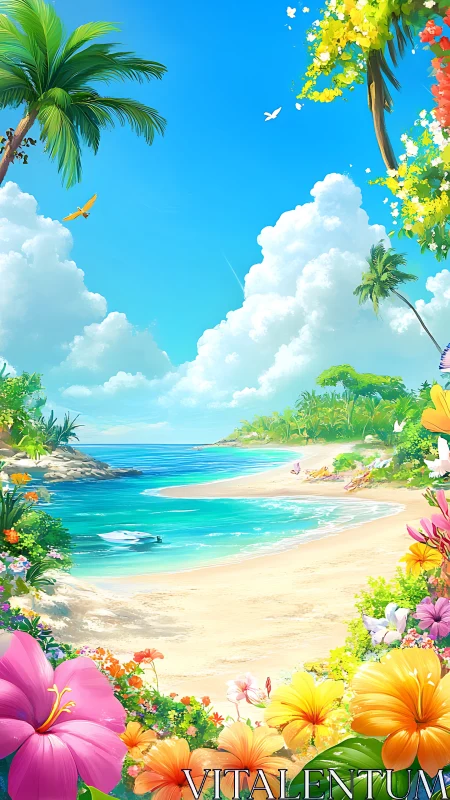 Tropical Beach Paradise with Vibrant Floral Framing and Azure Waters