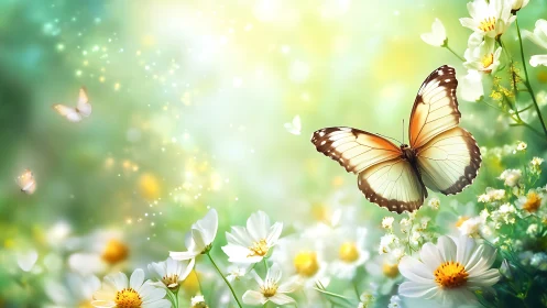 Gentle butterfly resting in a dreamy field of soft daisies.