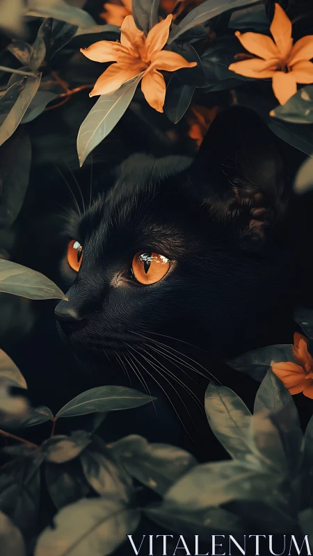 Black cat with amber eyes positioned among orange flowers and foliage.