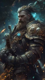 Storm-helmed paladin clutching sword in cosmic embers.