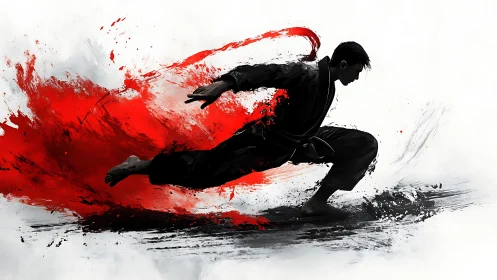 Martial artist silhouette bursting through red ink storm.