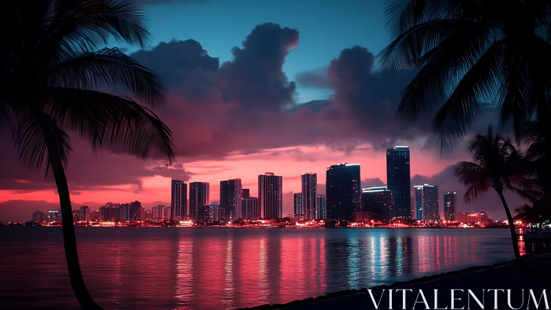 Neon-lit tropical city skyline glows against twilight clouds.