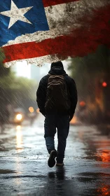 Quiet city walk beneath a weathered red white blue flag.