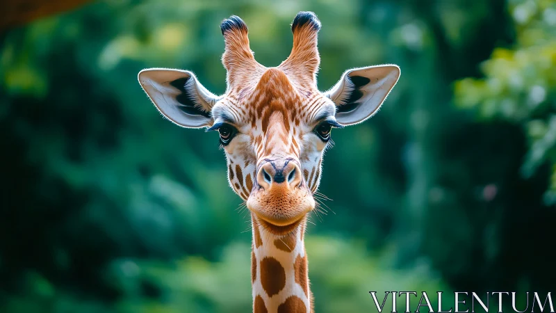Portrait of a giraffe with vivid bokeh jungle backdrop.
