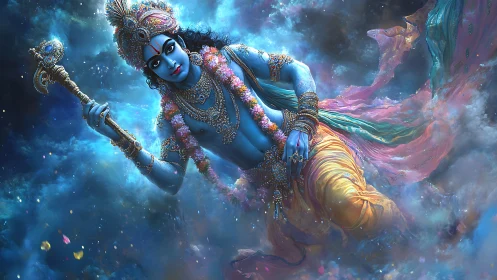 Divine blue deity in jeweled regalia within cosmic nebula