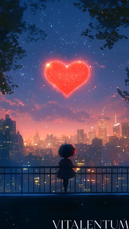 Silhouetted figure gazes at neon heart over city skyline.