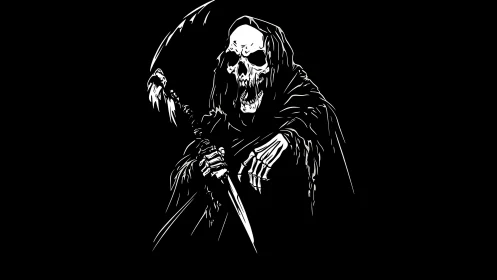 Grim reaper illustration with scythe in stark monochrome style.