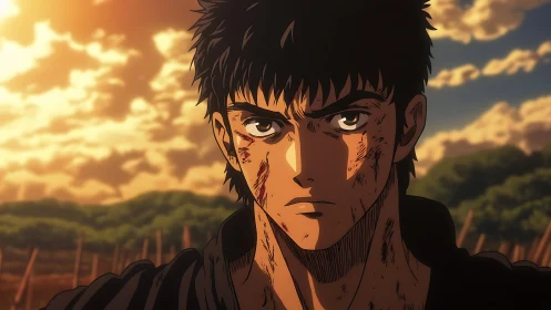 Battle-worn anime hero beneath a burning golden sky.
