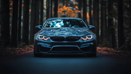 Front-facing sports coupe advances through cinematic forest corridor