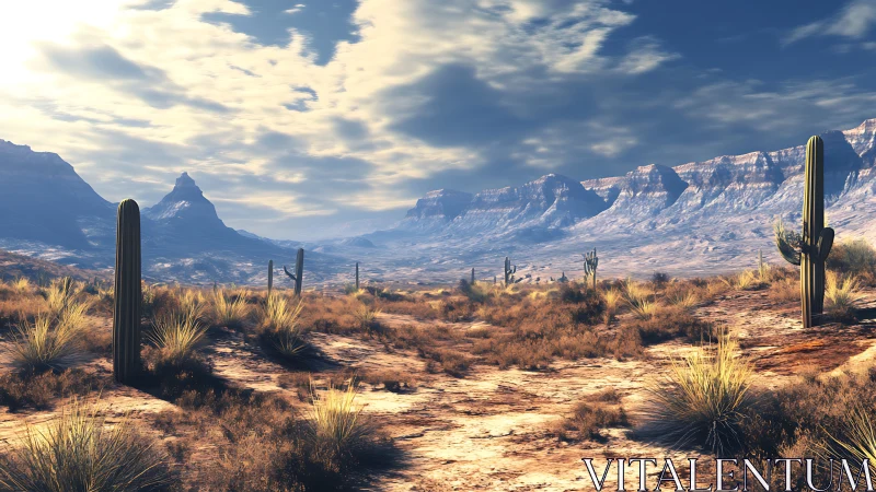 Desert valley with cacti and distant layered mountain ridges.