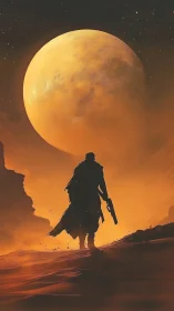 Silhouetted figure crossing orange desert under large moon.