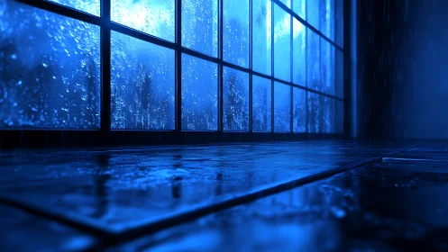 Specular blue rainfall on tiled floor by large window grid.