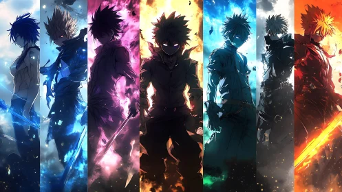 Elemental anime warriors stride through fire, frost, and void.