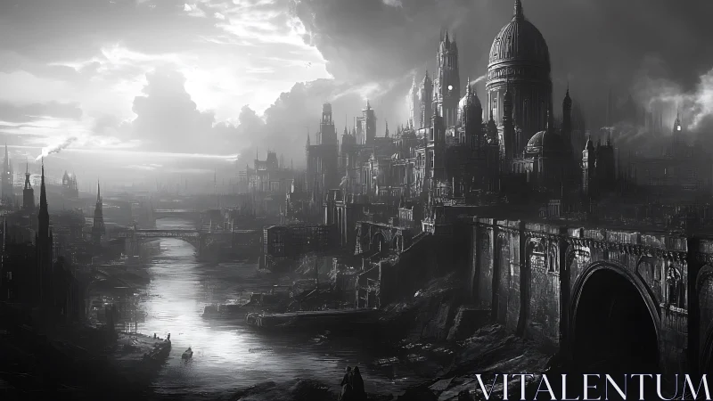 Monochrome neo-gothic megacity skyline over industrial river