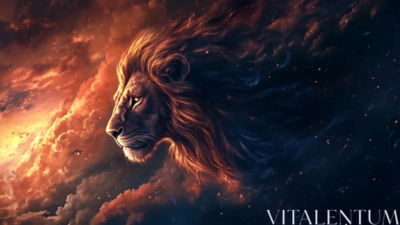 Celestial lion emerging from blazing cosmic clouds.