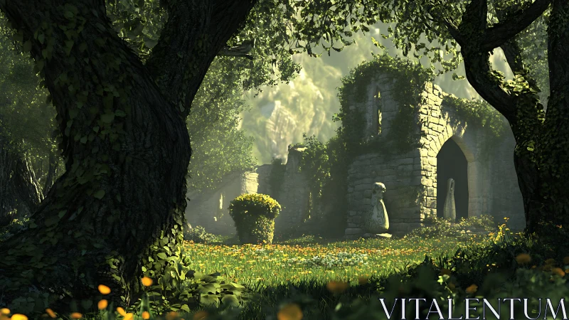 Sunlit forest ruins cradle a quiet stone sanctuary dream.