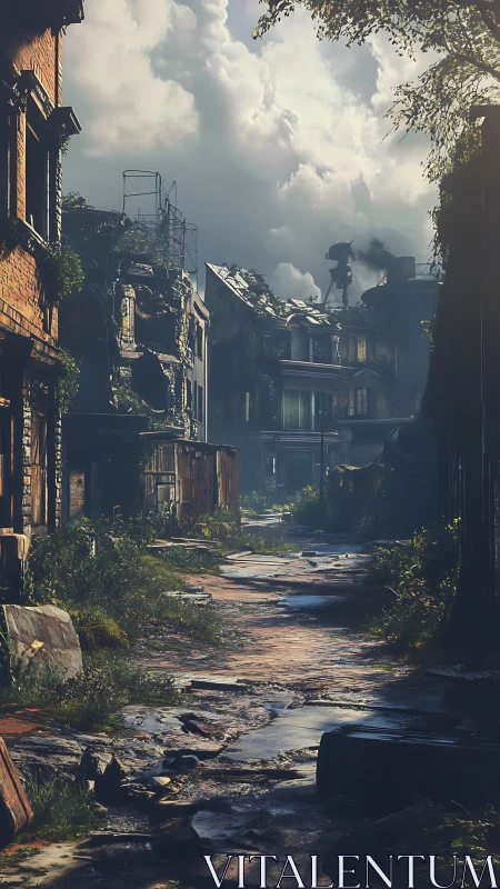 Post-apocalyptic alley with overgrown debris under volumetric clouds