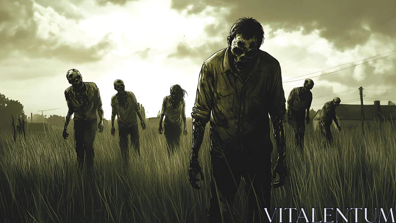 Zombie horde advancing through tall field at dusk.