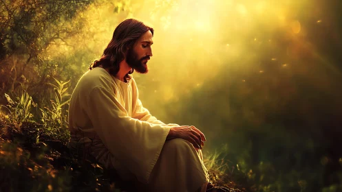 Solitary robed figure prays in forest under golden light