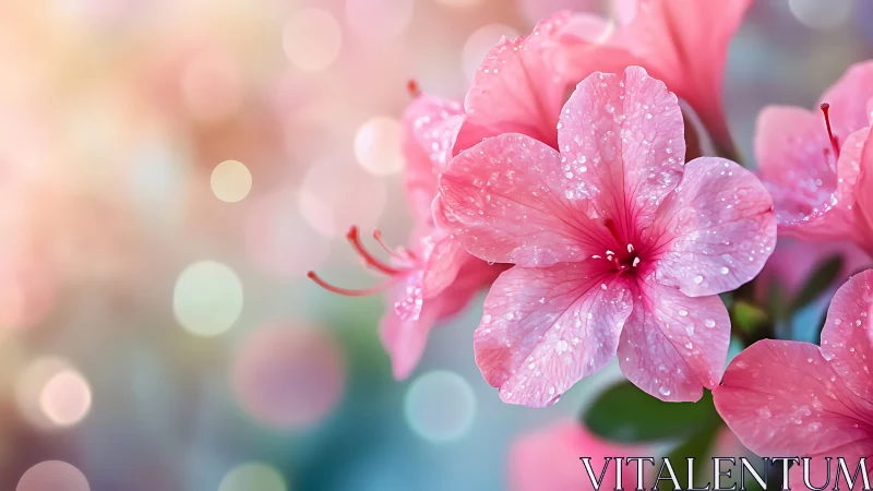 Pink flowers with water droplets on petals and blurred background.