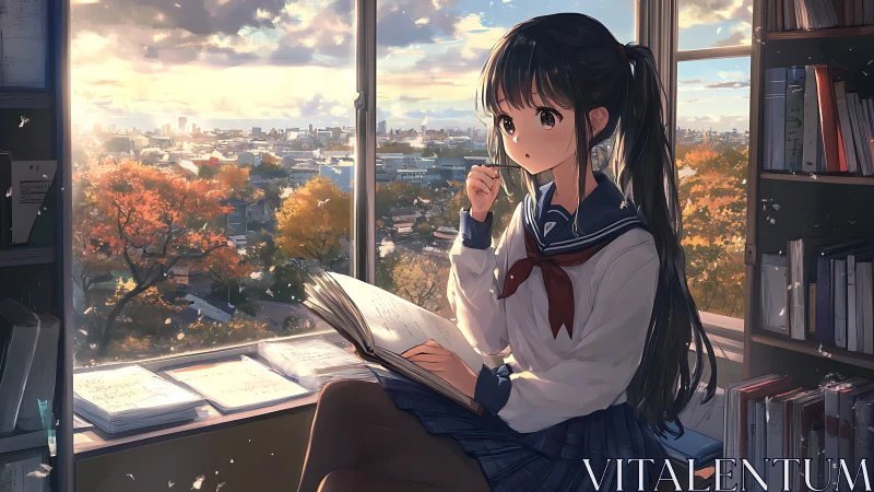 Autumn window scholar girl pausing between daydreams and notes.