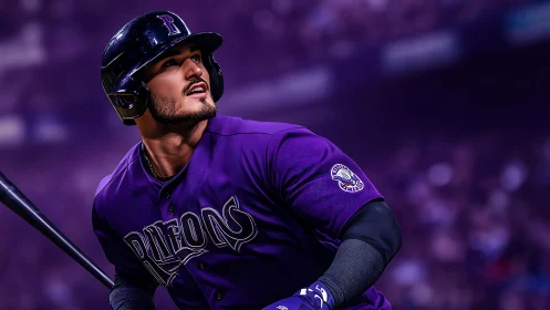 Night-splashed slugger watches a soaring shot in violet haze.