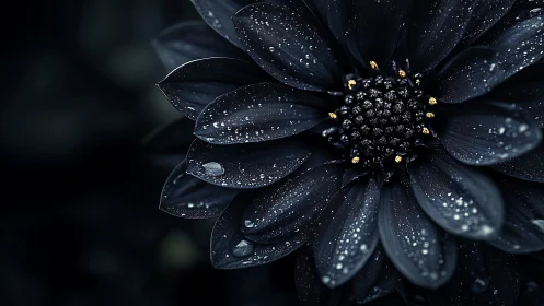 Dark Bloom with Dewdrops and Golden Center.