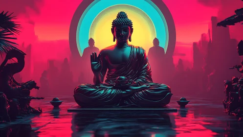 Neon-lit Buddha statue in synthwave temple with radiant halos