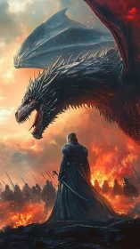Dragon and armored commander before burning battlefield.
