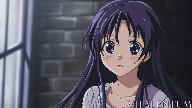 Anime close-up portrait in soft interior backlighting style.