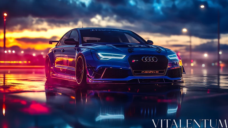 Ultrarealistic blue Audi sedan on neon wet asphalt at dusk.