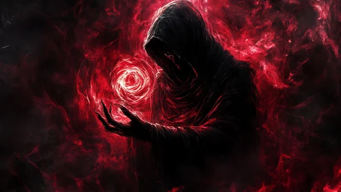 Hooded voidweaver cradles a crimson vortex of burning light