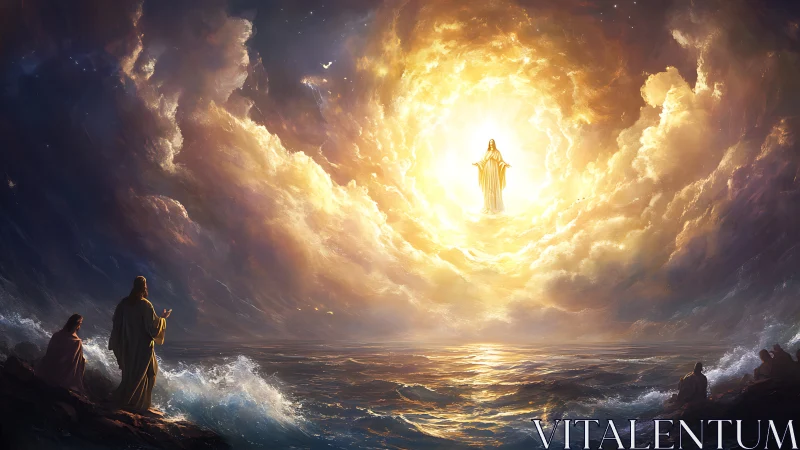 Radiant divine figure emerging from storm-swept celestial sea.
