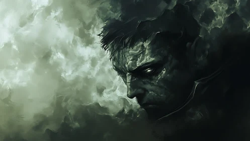 Monochrome spectral warrior emerges from turbulent digital mist