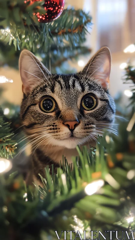 Curious tabby cat peers from dense lit Christmas tree