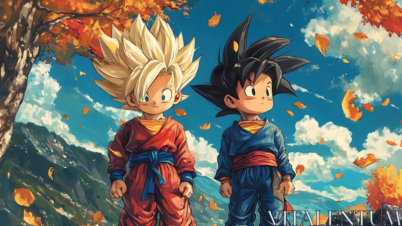 Two anime boys in martial outfits under autumn foliage.