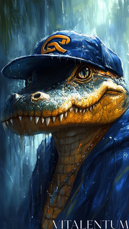 Hydrophobic reptilian portrait with urban streetwear detailing.