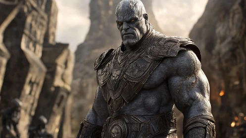 Armored stone-skinned warlord in ruined canyon stronghold