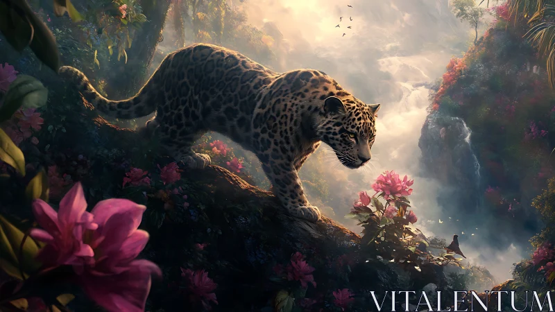 Leopard traverses misty jungle realm amid blooming pink flowers.