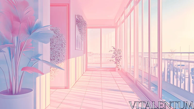 Pastel-lit glass corridor with indoor foliage and skyline view