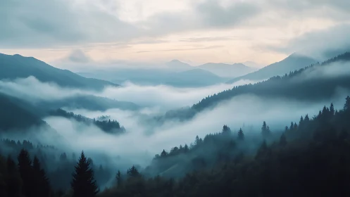 Gentle morning mist drifting through quiet blue mountains.