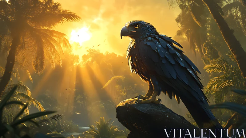 Digital raptor bird model sits on jungle rock at sunset