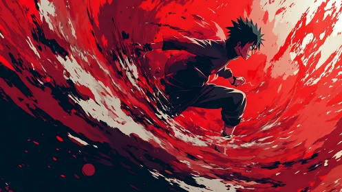 Dynamic anime warrior running through crimson vortex.