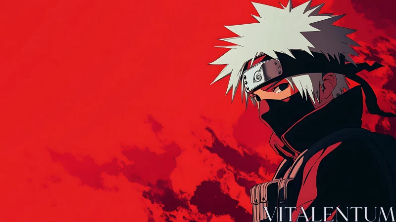 Masked white-haired anime figure against red backdrop.