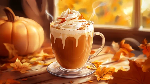 Autumn latte still life in warm illustrative digital painting.