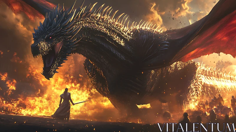 Volcanic battlefield confrontation with macro‑scaled dragon unit.