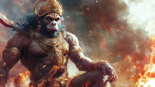 Fire crowned warrior monkey sits calm within storming blaze